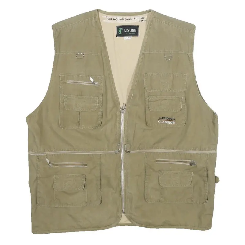 Lisong Mens Beige Utility Vest L Woven Plain Multi Pocket Zip Up Outdoor 1