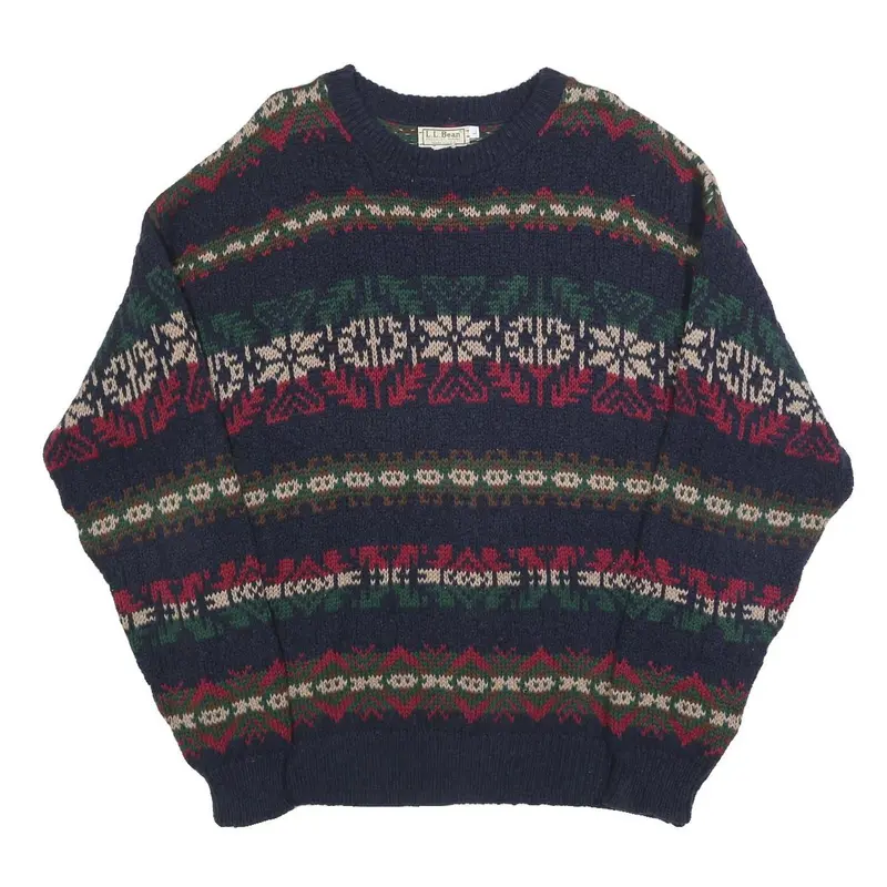 Ll Bean Mens Navy Blue Patterned Cotton Jumper Crew Neck Chunky Knit L 1