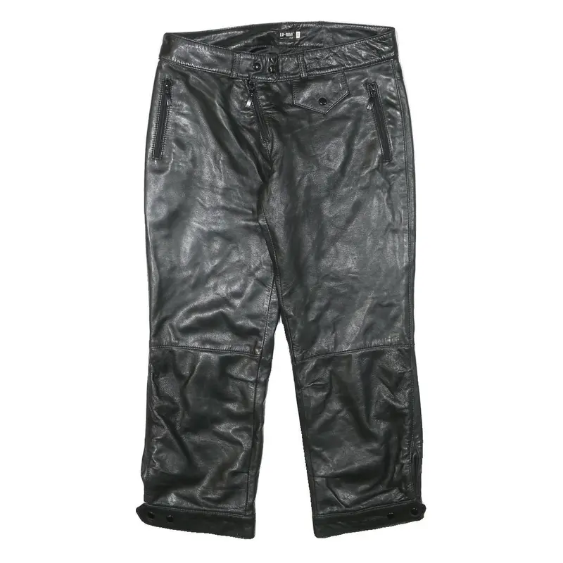 Lu Man Womens Leather Black Regular Fit Straight Trousers W29 L23 Stylish Zip 1