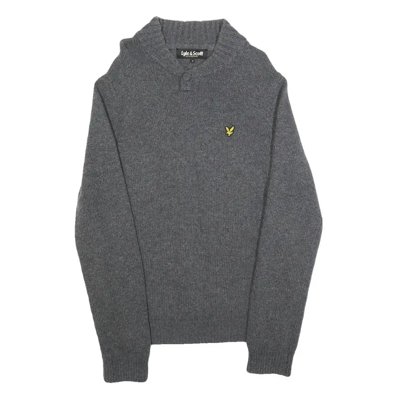 Lyle & Scott Mens Grey Patterned Jumper Cable Knit S Wool Blend Button Neck 1