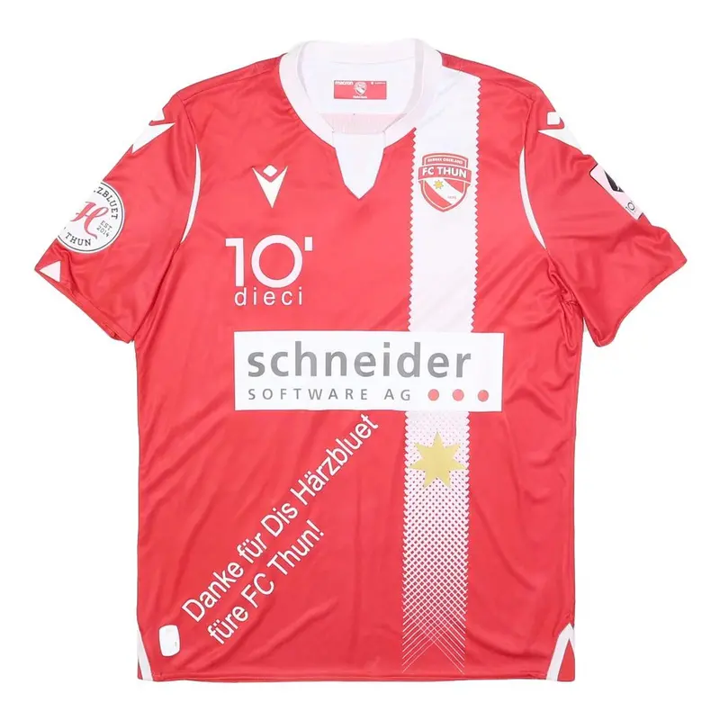 Macron Mens Red & White Fc Thun Football Shirt M Short Sleeve V-Neck Signed 1