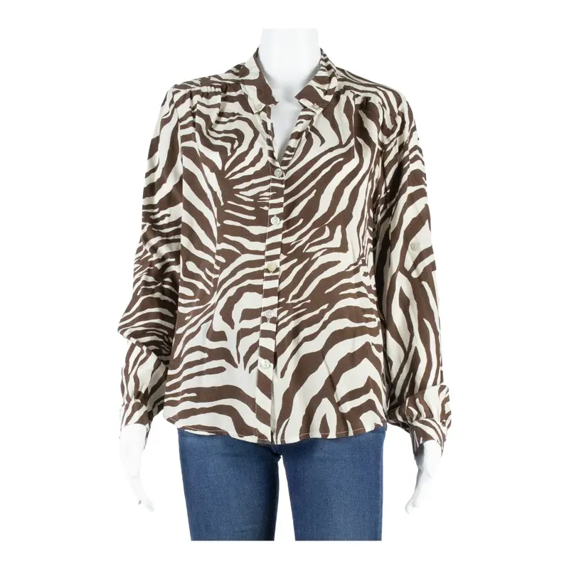 Madeleine Womens Printed Blouse Brown Long Sleeve Animal Print M 1