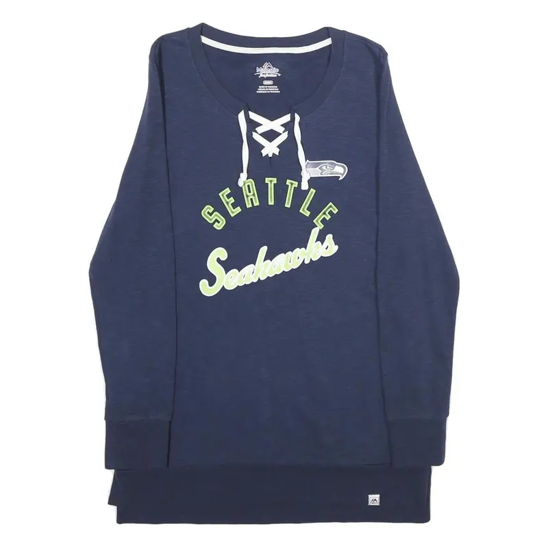 Majestic Womens Blue Seattle Seahawks Lace Up Neck M Cotton Blend Sweatshirt 1