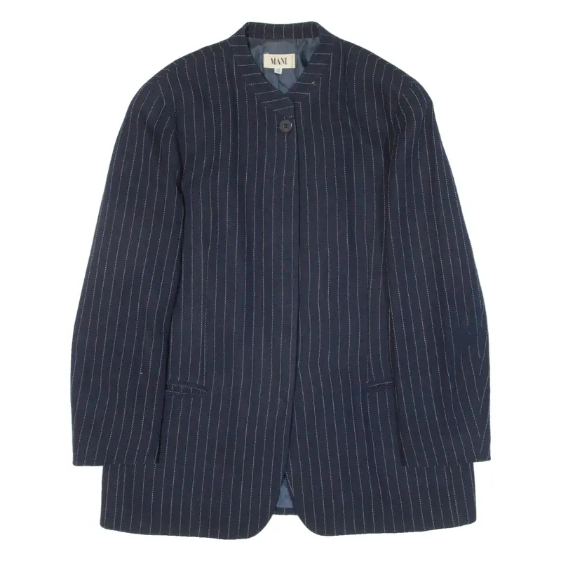 Mani Womens Blazer Jacket Blue Knit Wool 90S Pinstripe L 1
