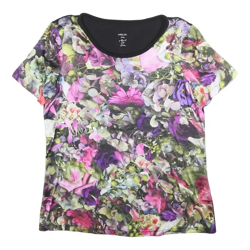 Marc Cain Womens Black & Purple Floral Modern T-Shirt S Short Sleeve Round Neck 1
