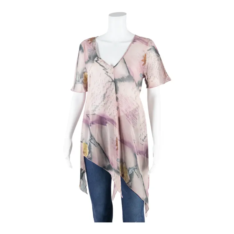 Marina Rinaldi Sheer Asymetrical Womens Printed Blouse Pink V-Neck Floral M 1