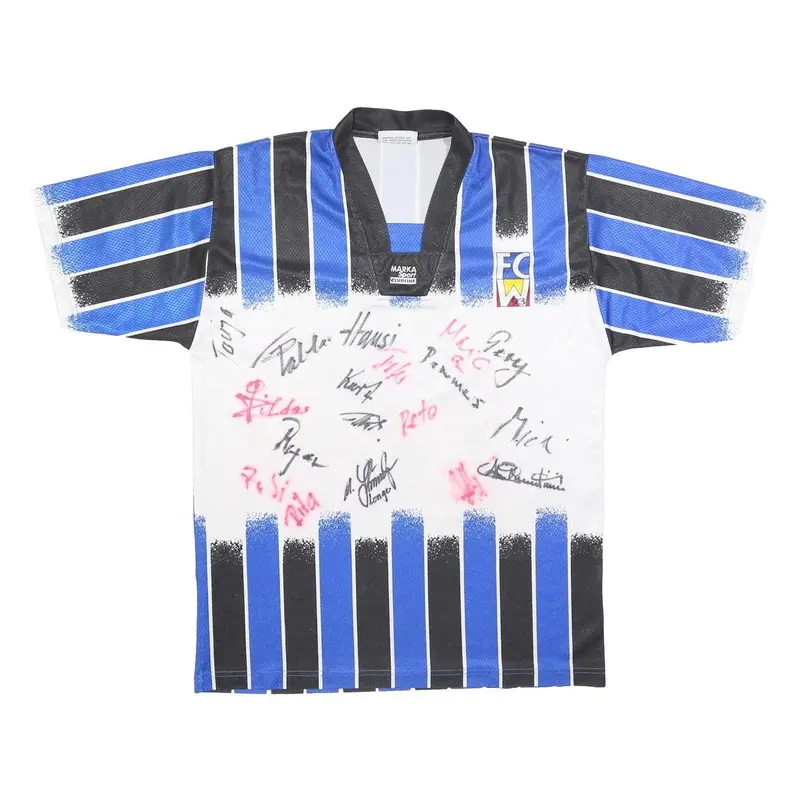 Marka Sport Mens Blue & Black Football Shirt L Short Sleeve V-Neck Zip Striped 1