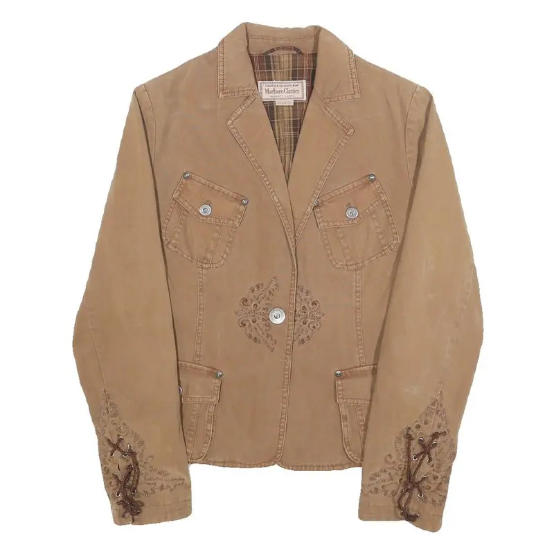 Marlboro Womens Beige Brown Cotton Blend Button Jacket M Woven Embroidered 1