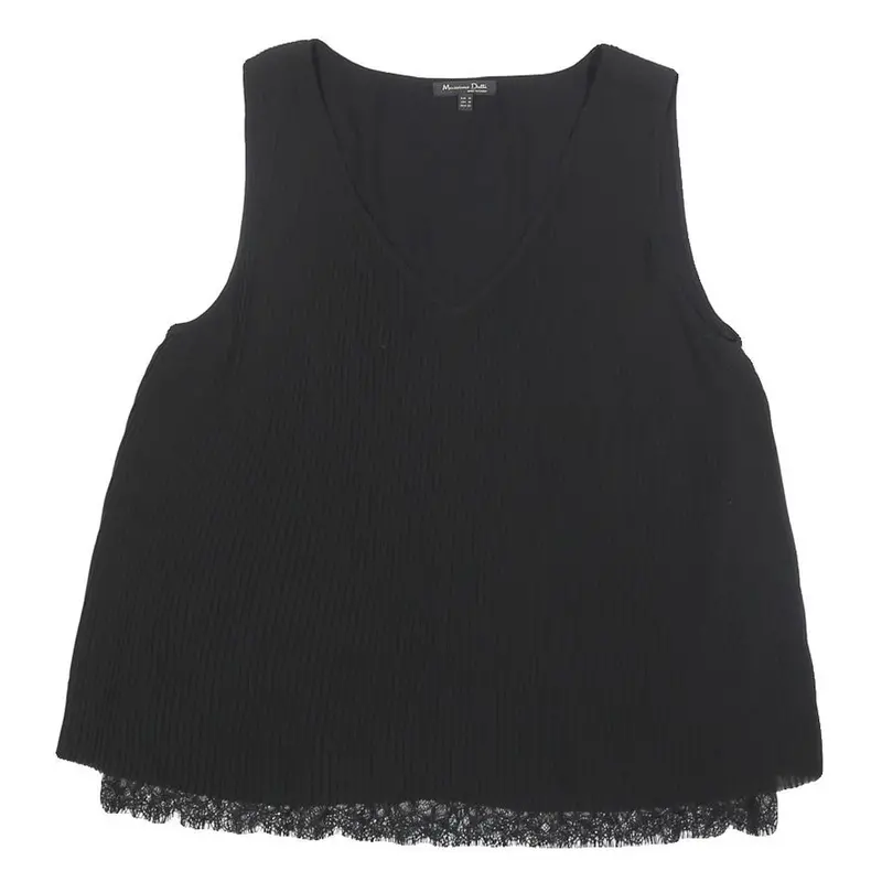 Massimo Dutti Womens Black Lace Trim Sleeveless V-Neck Top M Ribbed 1