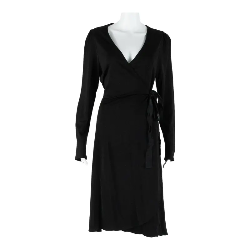 Massimo Dutti Womens Wrap Dress Black Viscose Long Sleeve Knee Length M 1