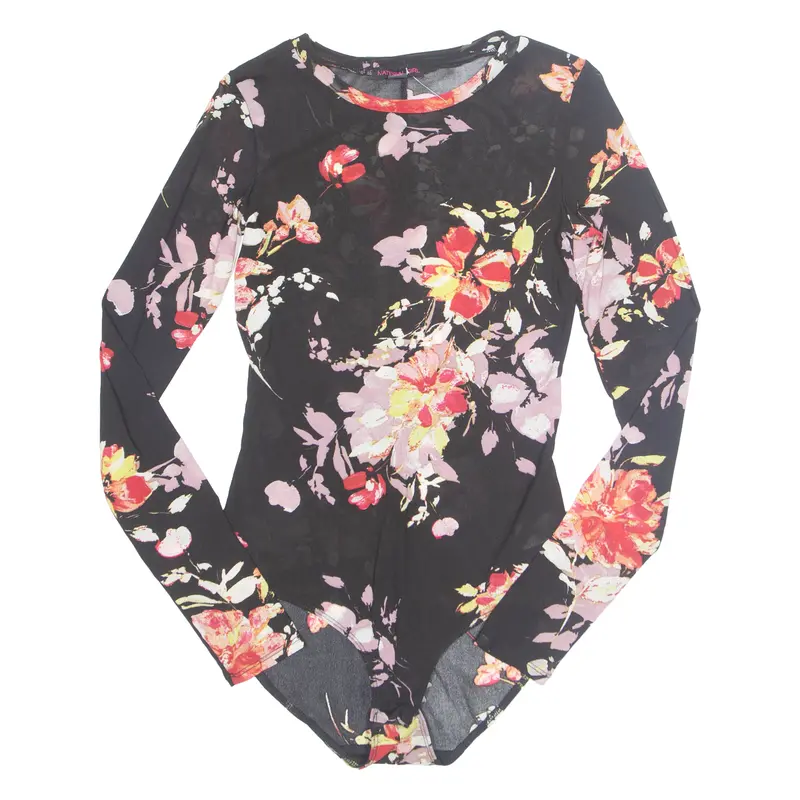 Material Girl Womens Printed Bodysuit Black Long Sleeve Nylon Floral M 1