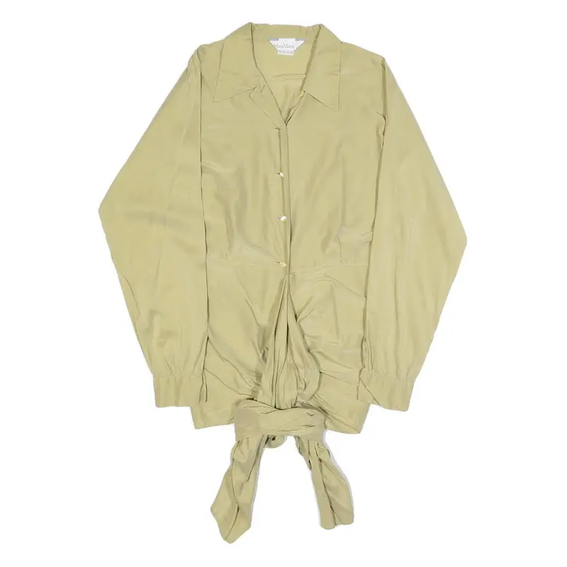 Max Mara Womens Beige Silk Blend Shirt Long Sleeve Collared S Elegant Tie Hem 1