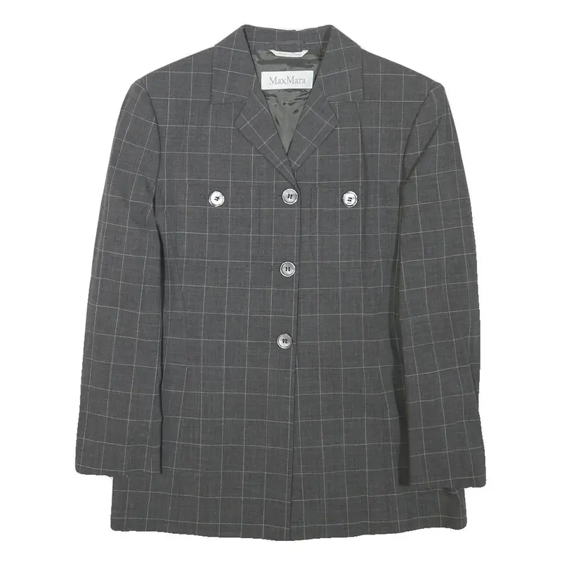 Max Mara Womens Grey Check Wool Blend Blazer Jacket Xs Tailored Classic Button 1