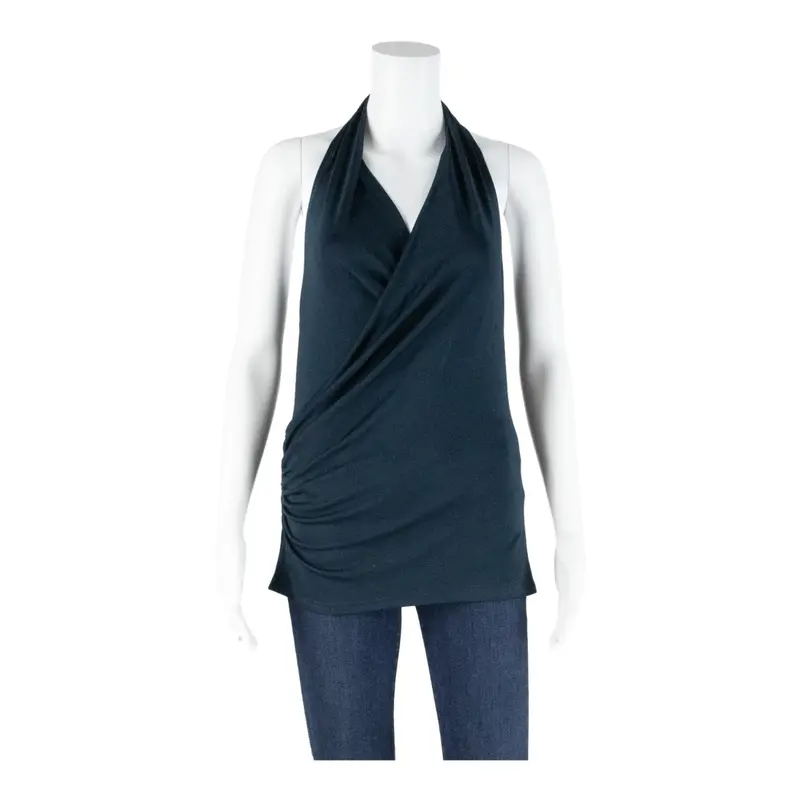 Me & Thee Ruched Halter Neck Womens Top Blue V-Neck Sleeveless Uk 8 1