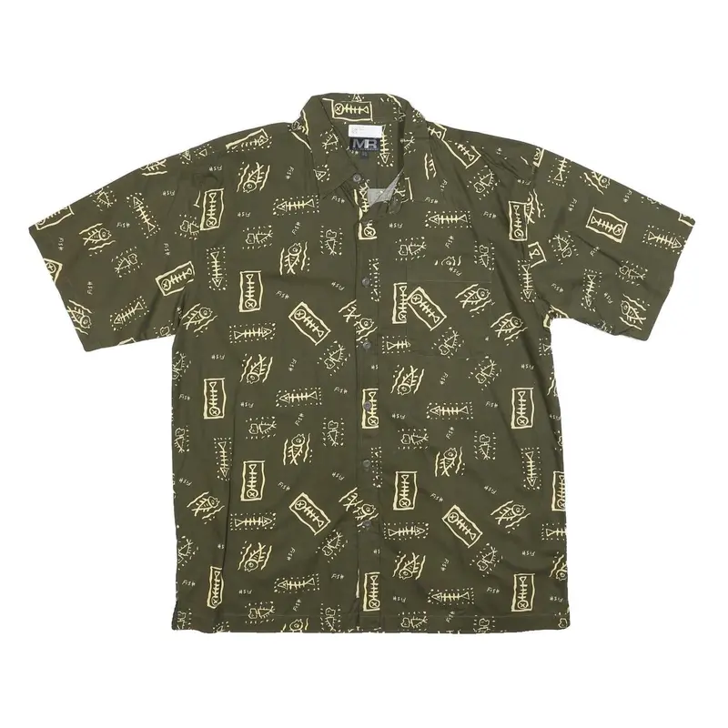 Mel Richman Mens Green & Cream Cotton Blend Shirt 2Xl Printed Button Short 1
