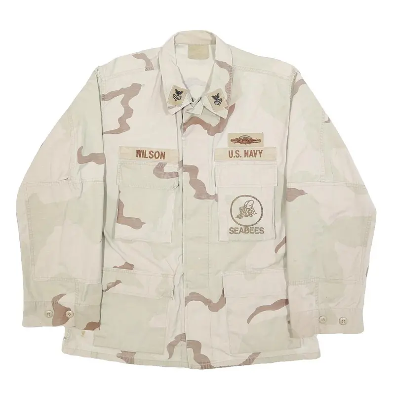 Mens Beige Cotton Blend Military Button Jacket M Plain Naval Seabees Style 1