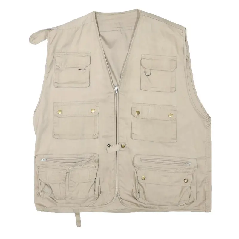 Mens Beige Cotton Blend Zip Up Utility Jacket L Multi Pocket Sleeveless Casual 1