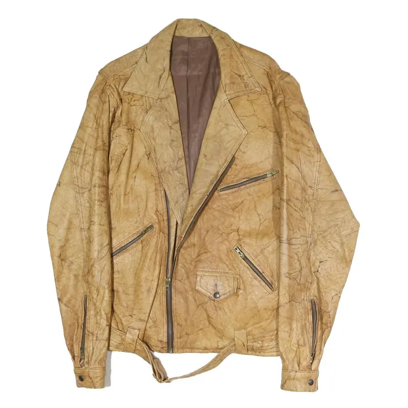 Mens Beige Faux Leather Jacket L Plain Zip Closure Classic Fit Biker Style 1