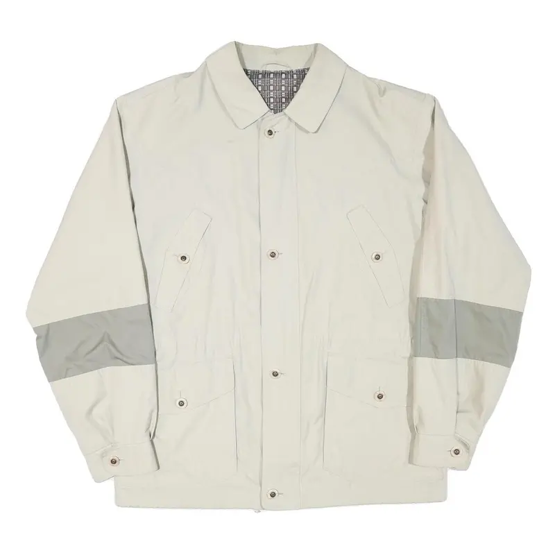Mens Beige & Grey Cotton Blend Button Jacket L Plain Casual Lightweight 1
