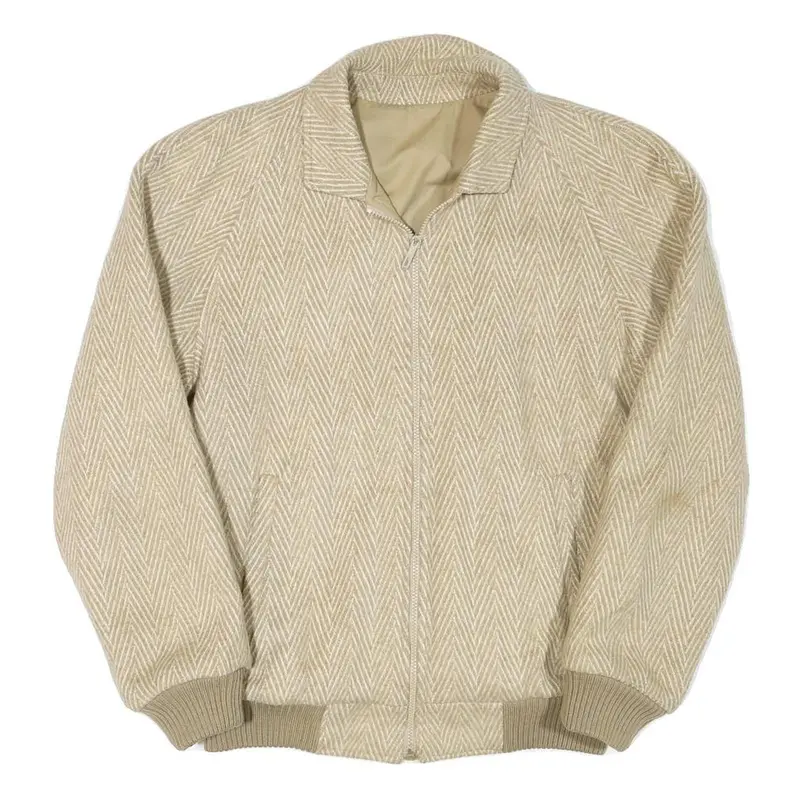 Mens Beige Herringbone Jacket M Polyester Blend Zip Closure Casual Outerwear 1