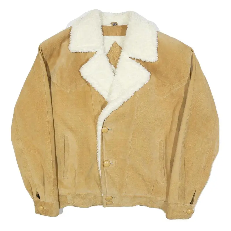 Mens Beige Suede Shearling Coat M Suede Sherpa Lined Button Closure Warm Winter 1