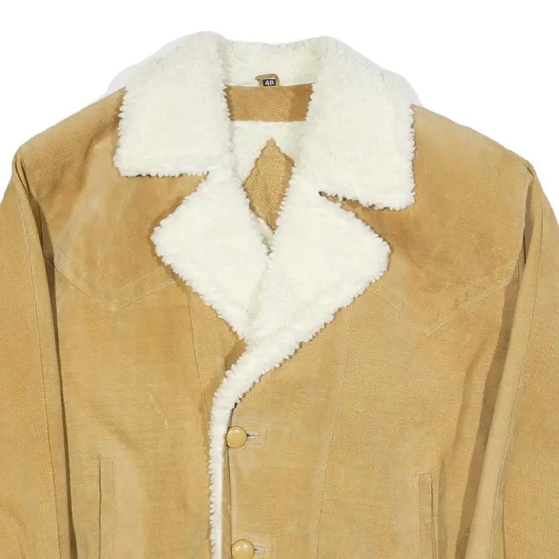 Mens Beige Suede Shearling Coat M Suede Sherpa Lined Button Closure Warm Winter 2