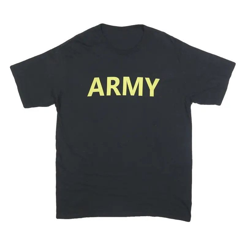 Mens Black Army Printed Cotton Blend T-Shirt L Short Sleeve Crew Neck Plain 1