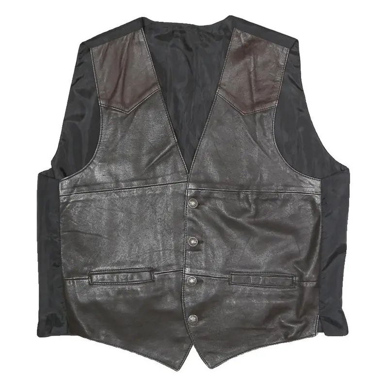 Mens Black & Brown Button Closure Leather Blend Jacket L Regular Fit Sleeveless 1