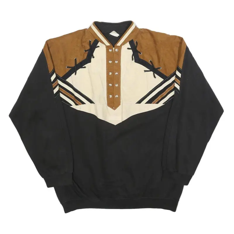 Mens Black & Brown Cotton Blend Collared Sweatshirt L Vintage Style Casual 1