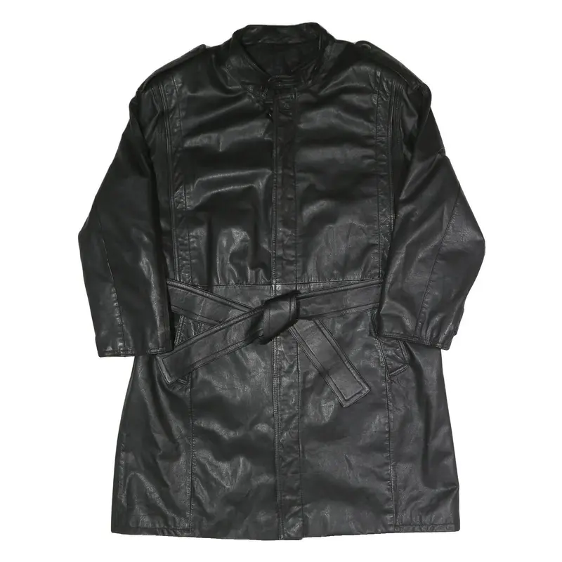 Mens Black Faux Leather Button Jacket L Classic Plain Long Sleeve Belted 1