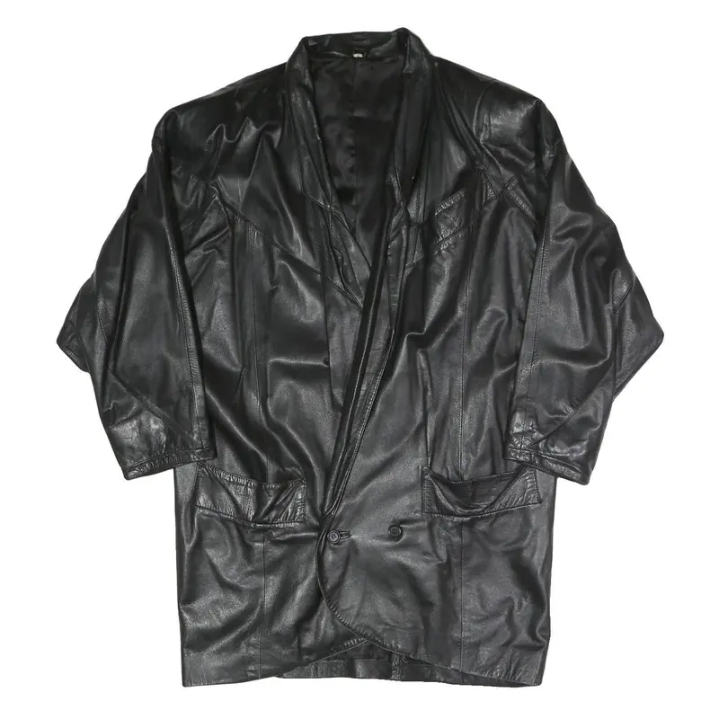 Mens Black Faux Leather Button Jacket Xl Woven Relaxed Fit Long Sleeve Plain 1