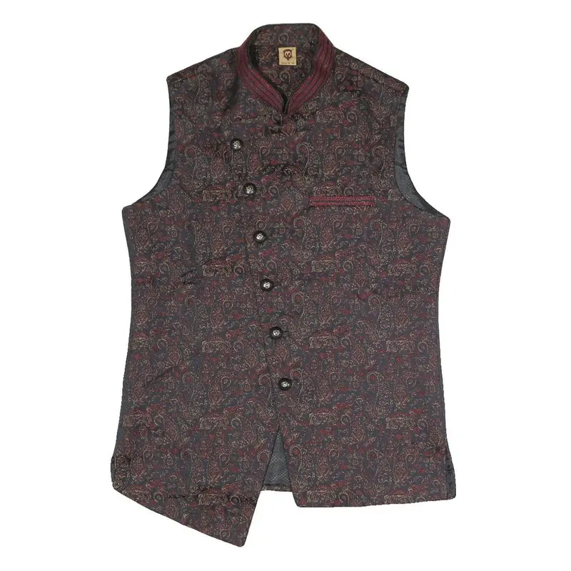 Mens Black & Maroon Patterned Button Jacket S Polyester Blend Woven Stand-Up 1