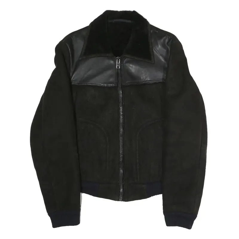 Mens Black Polyester Blend Zip Jacket S Faux Leather Contrast Plain Casual 1