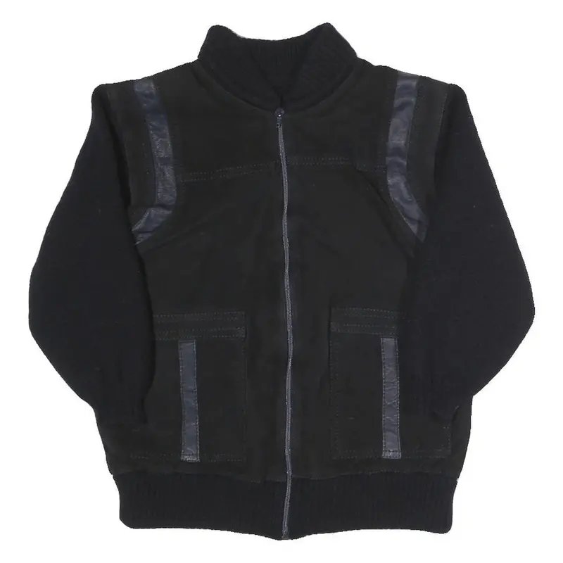 Mens Black Polyester Blend Zip Jacket S Ribbed Collar Rib Knit Pockets 1
