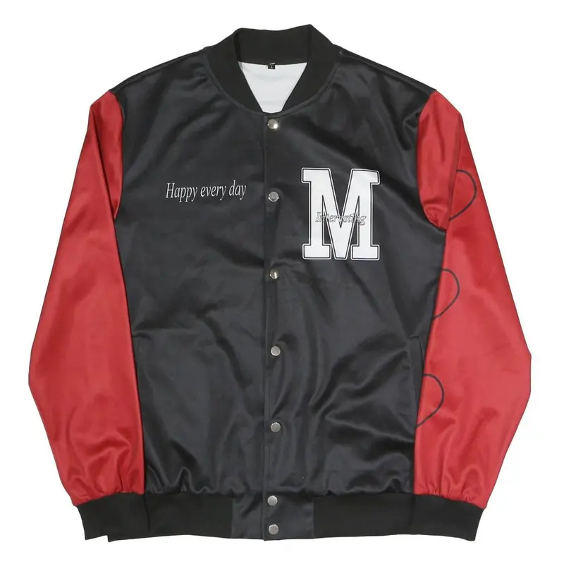 Mens Black & Red Letter M Button Jacket L Polyester Blend Satin Heart Print 1