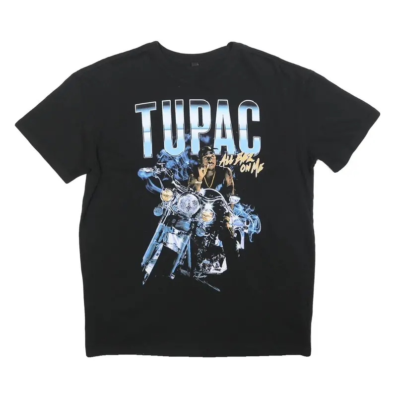 Mens Black Tupac Graphic T-Shirt S Short Sleeve Crew Neck Music Print 1