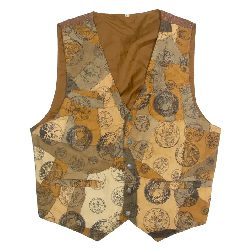 Mens Blazer Waistcoat Brown Leather Suede 90S Patchwork L 1