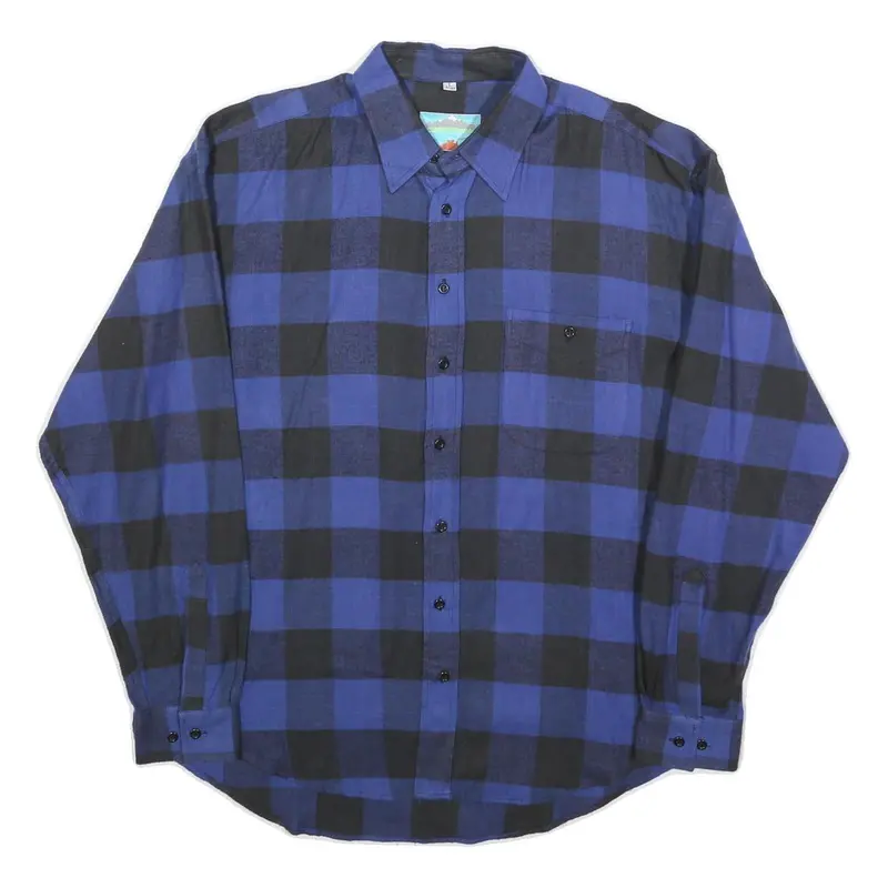 Mens Blue & Black Check Shirt L Long Sleeve Cotton Blend Casual 1