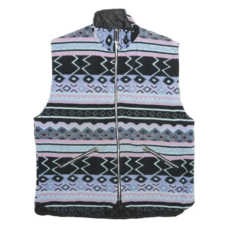 Mens Blue Black & Purple Patterned Quilted Zip Jacket M Polyester Casual Warm 1