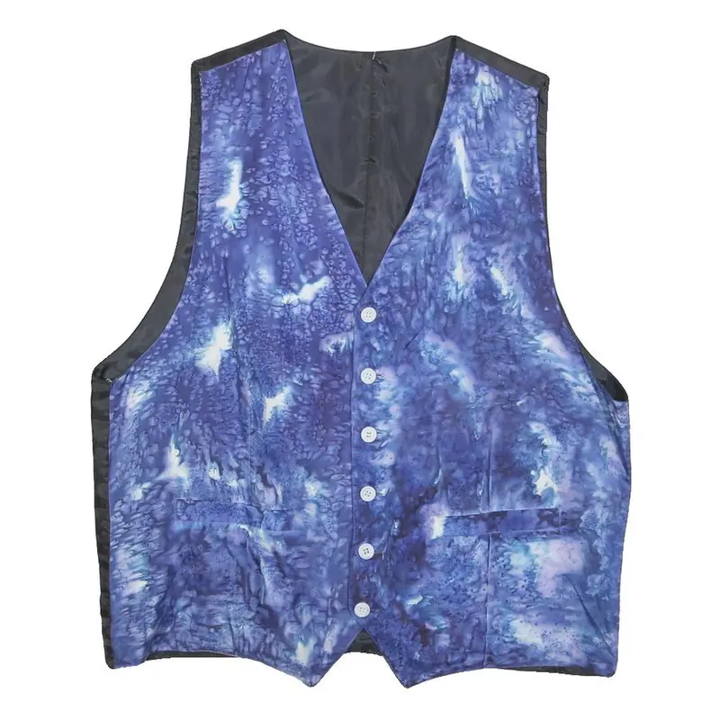 Mens Blue & Black Silk Blend Button Jacket L Printed Waistcoat Style 1