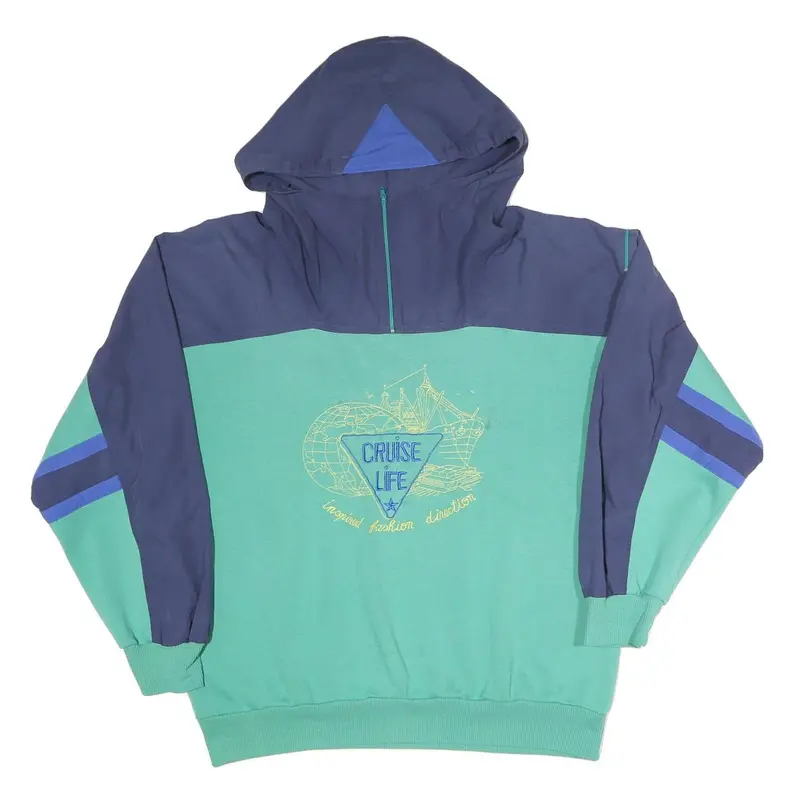 Mens Blue & Green Cruise Life Hoodie Xl Cotton Blend Colourblock Pullover 1