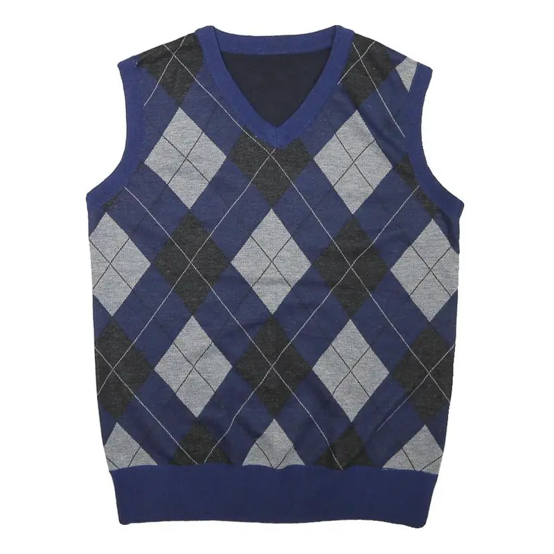 Mens Blue Grey Black Argyle Sleeveless Patterned V-Neck Basic Knit M Jumper 1