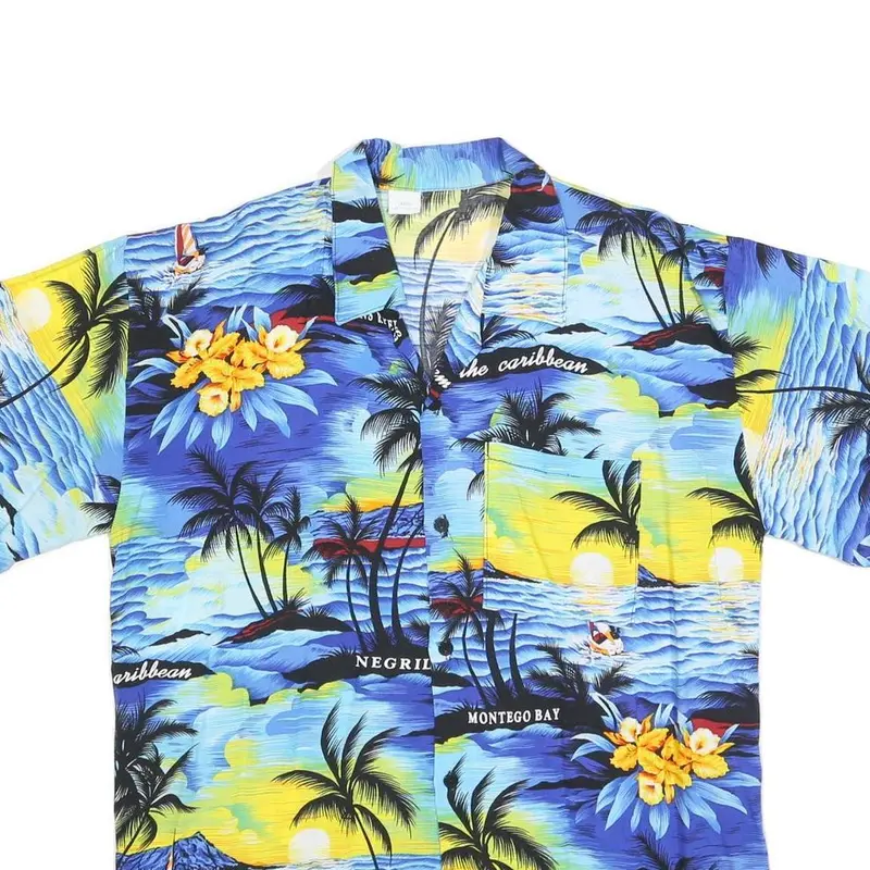 Mens Blue Hawaiian Shirt L Cotton Blend Vacation Beach Tropical Print 2