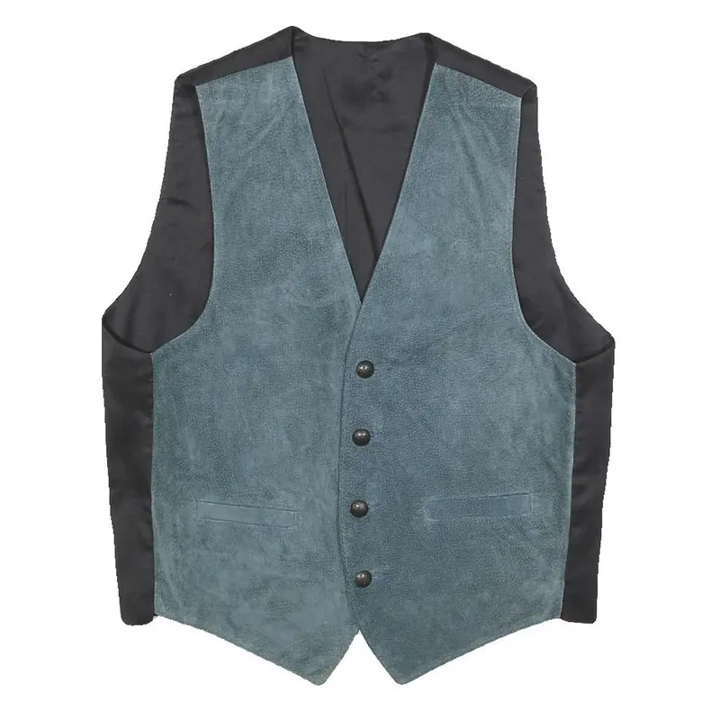 Mens Blue Leather Button Jacket M Suede Waistcoat Style Classic Fit 1