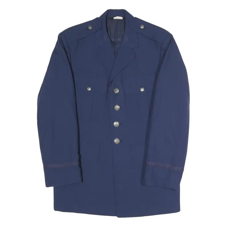Mens Blue Military Jacket S Polyester Blend Button Plain Classic Uniform Style 1