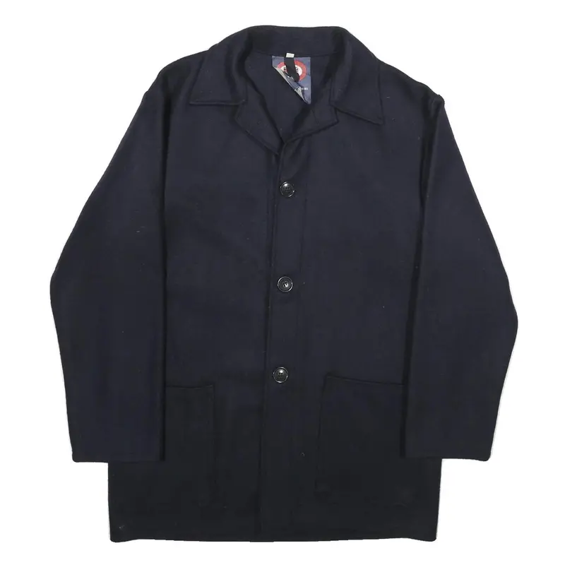 Mens Blue & Navy Wool Blend Coach Jacket M Button Plain Relaxed Fit Pockets 1