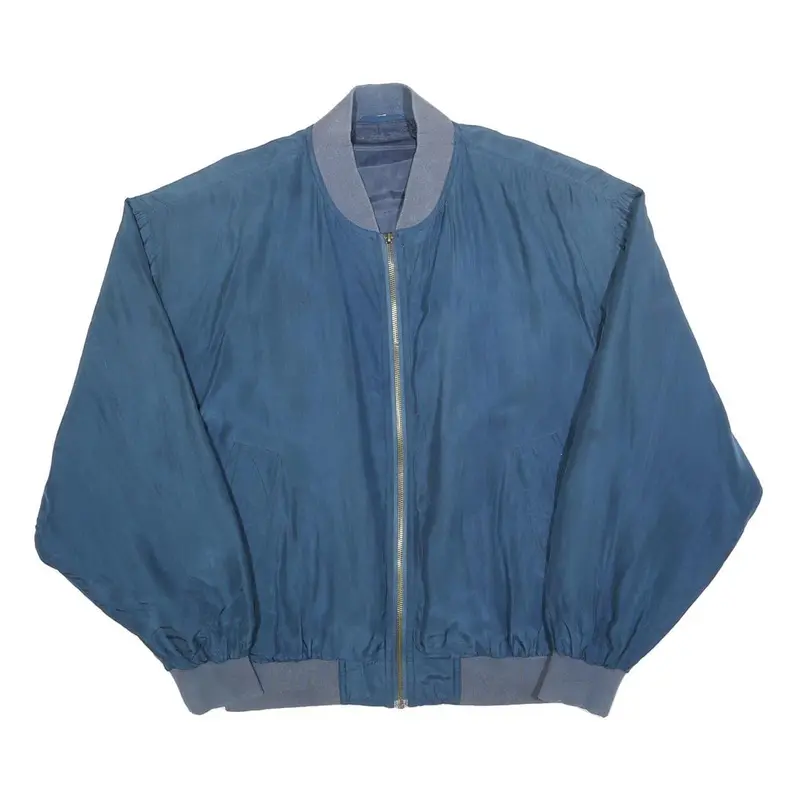 Mens Blue Silk Zip Jacket M Plain Classic Bomber Style Lightweight 1