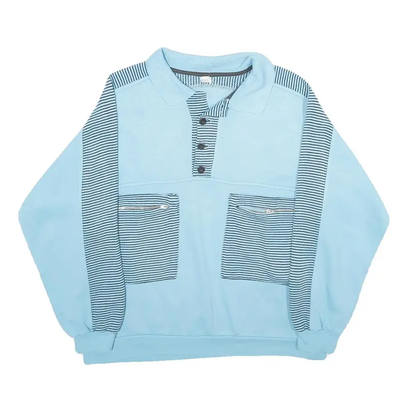 Mens Blue Sweatshirt Polo Collar S Striped Zip Pockets Cotton Blend Pullover 1