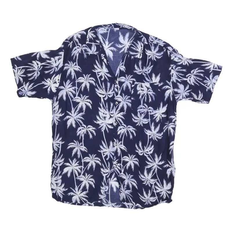 Mens Blue White Palm Tree Rayon Shirt L Short Sleeve Casual Summer Beachwear 1