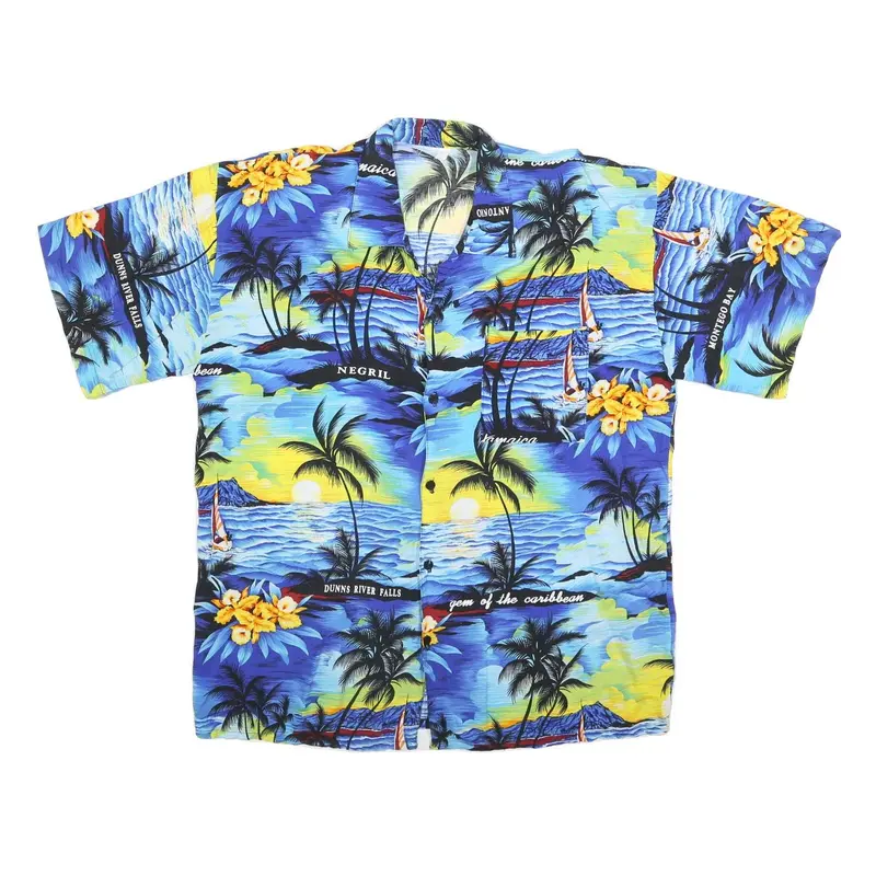 Mens Blue Yellow Hawaiian Shirt Xl Cotton Blend Beachprint Vacation Style 1